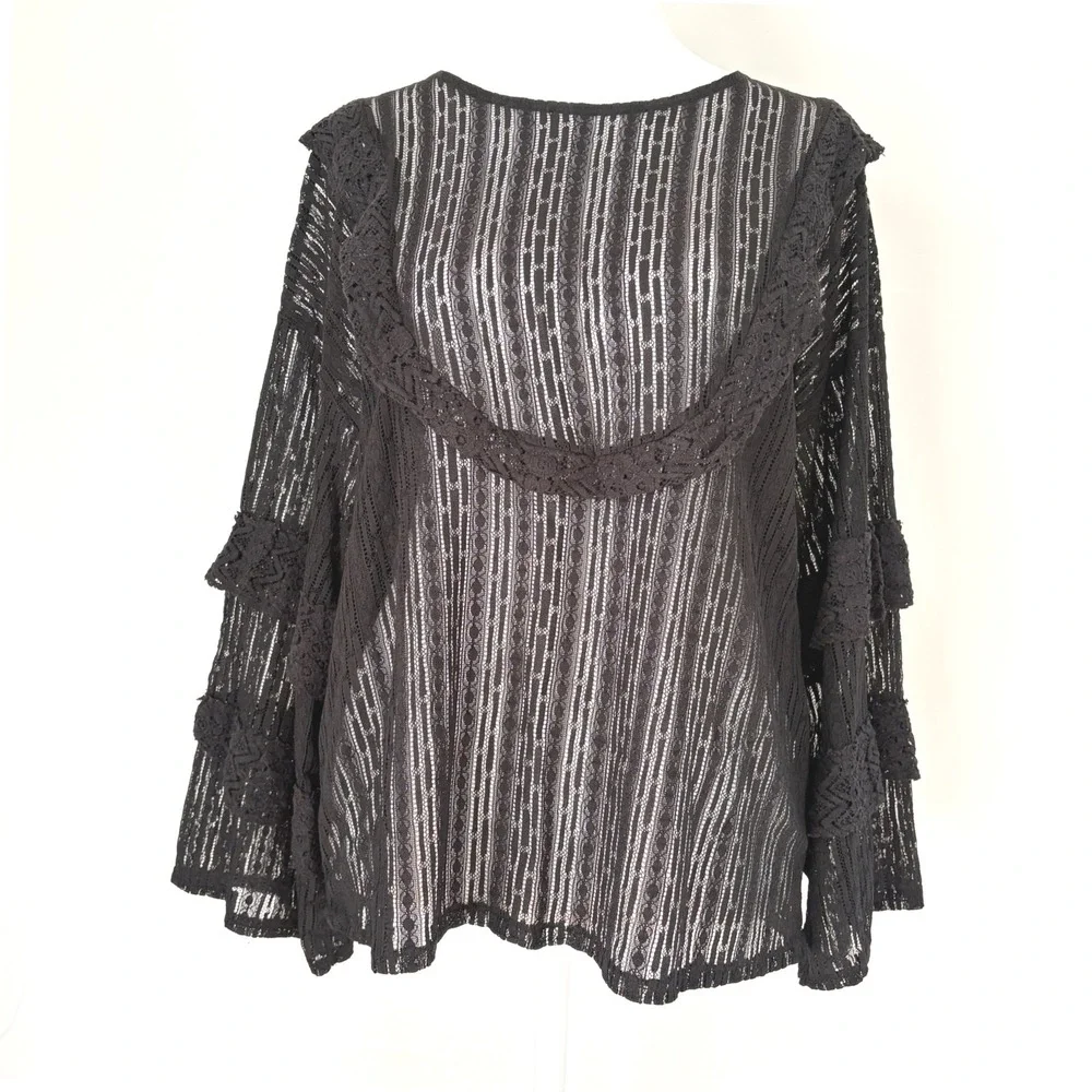 Zara Black Lace Top Medium‎ Whimsigoth Sheer Ruffle Tiered Blouse M
